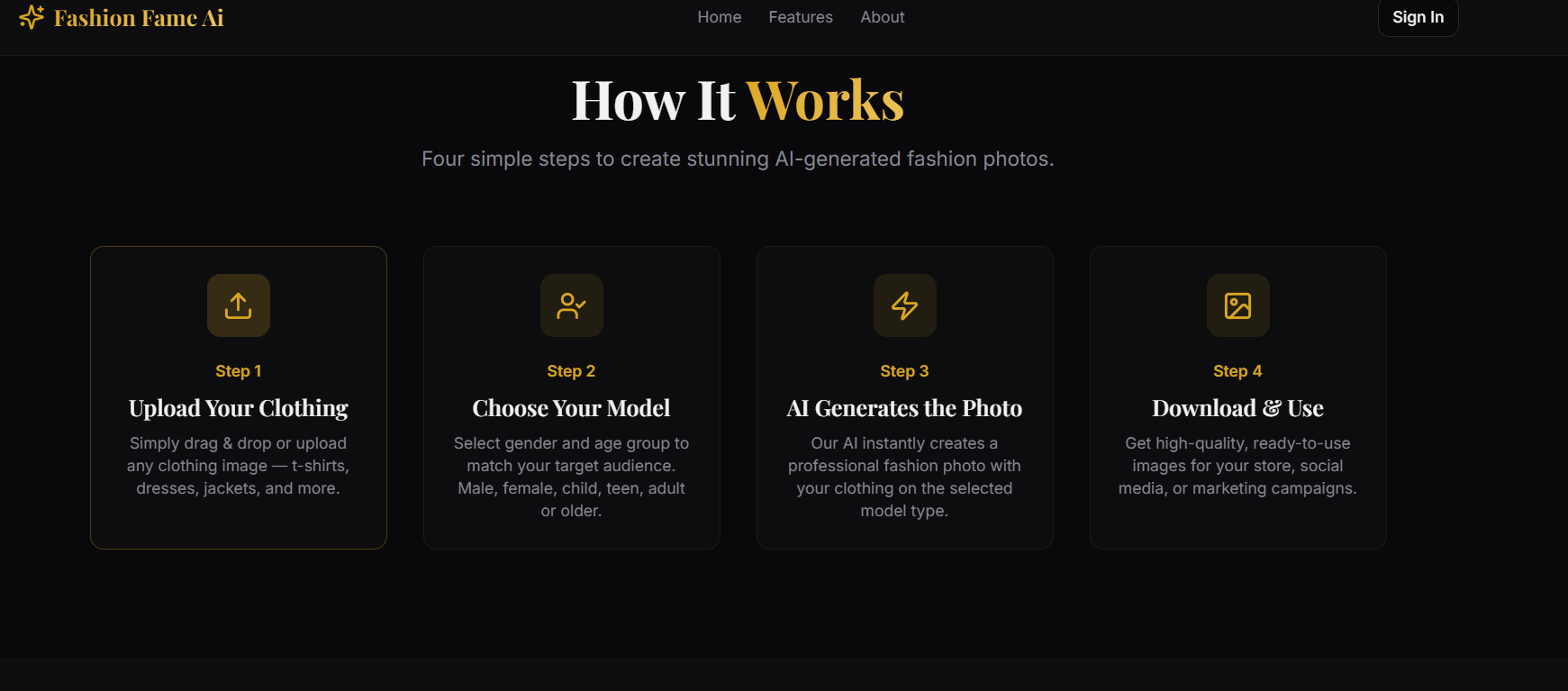Fashion Fame Ai - Screenshot 2 showing product features and functionality