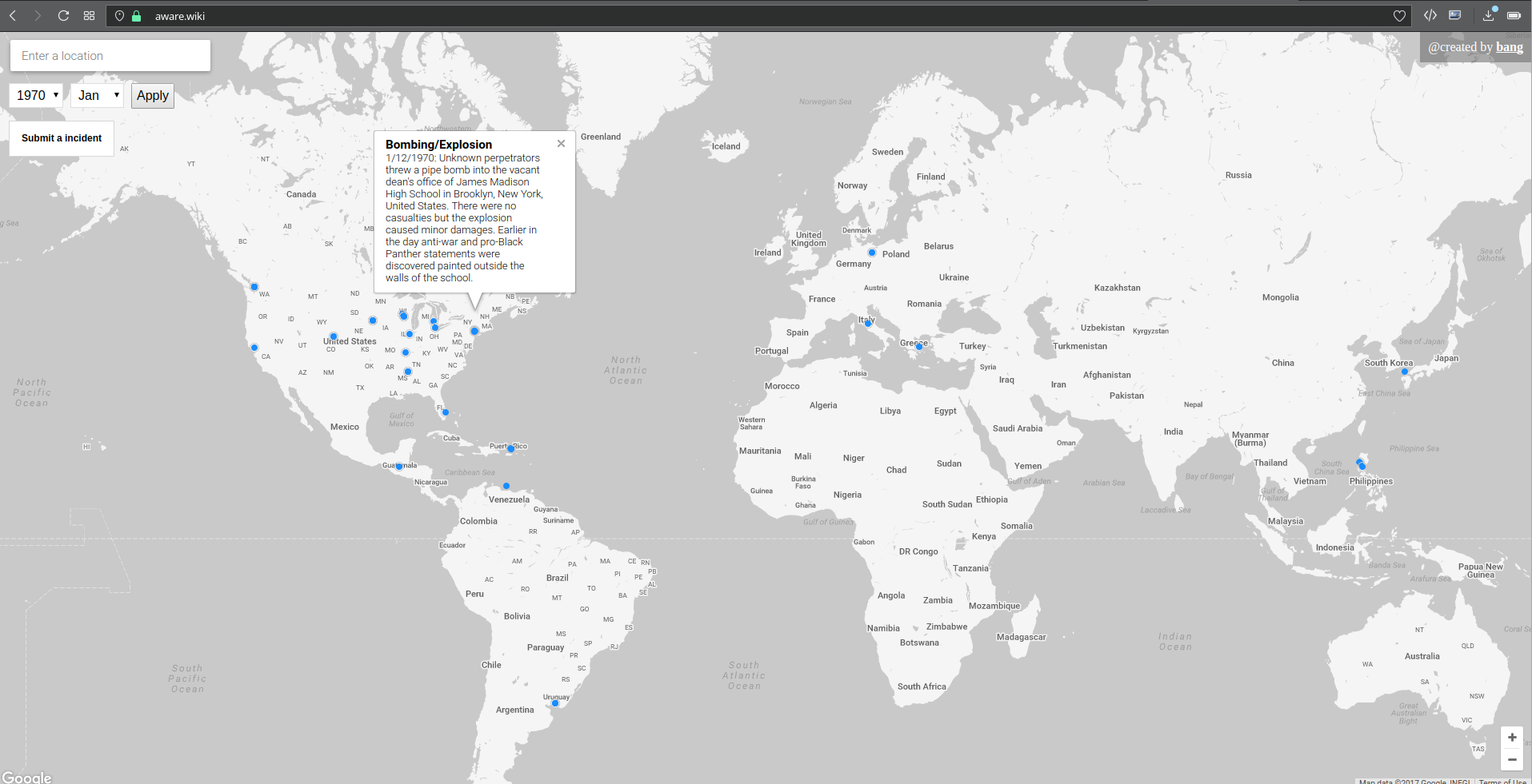 Aware.wiki - a map of global incidents from 1970 to 2016 gallery image