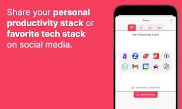 تمثيل مرئي لواجهة Share My Stack مع تمييز فئات مختلفة وتسميتها لتنظيم أدوات الإنتاجية والتطوير.