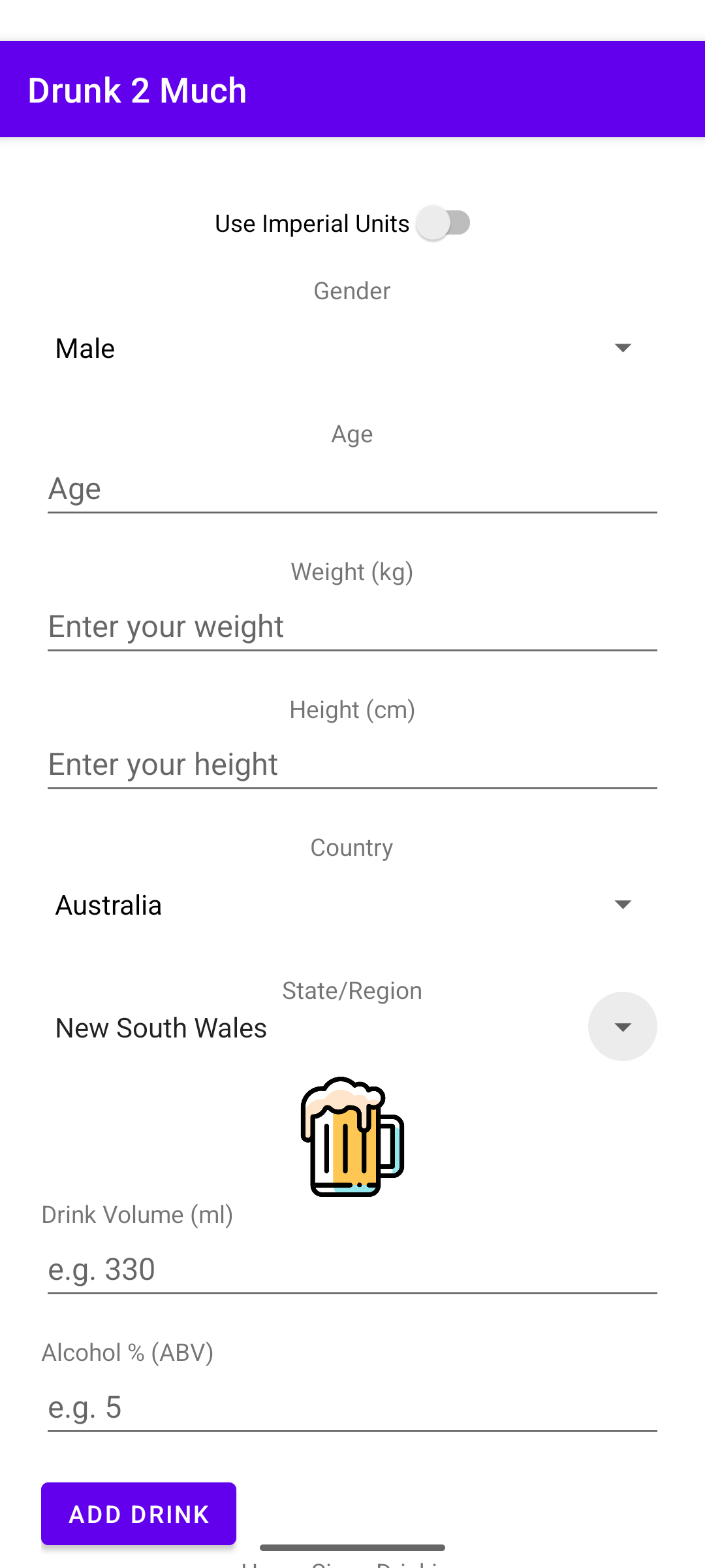 Drunk2Much - Main screenshot showing features and interface