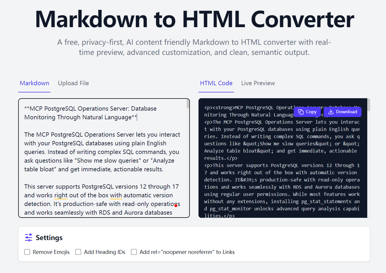 markdownhtml gen - ฟรี MARKDOWN ที่เป็นมิตรกับเนื้อหา AI ไปยัง HTML Converter media 1