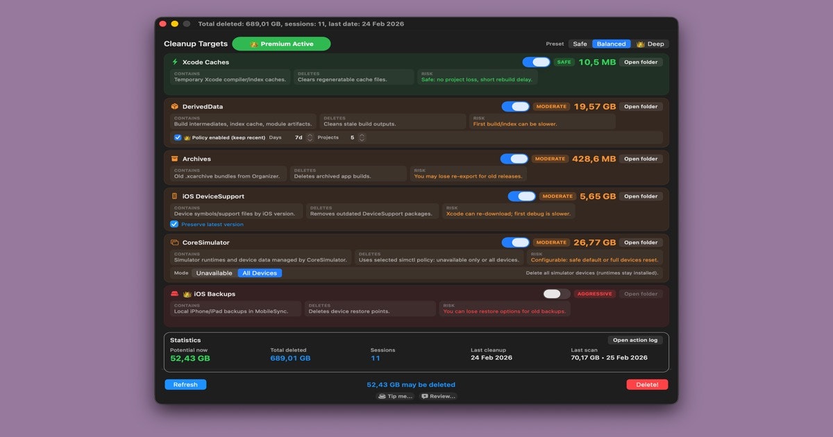 Dev Cleanup Utility - Main product screenshot demonstrating key features and user interface