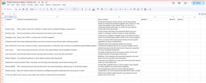 Robot Vacuum Spec-Check List screenshot 1