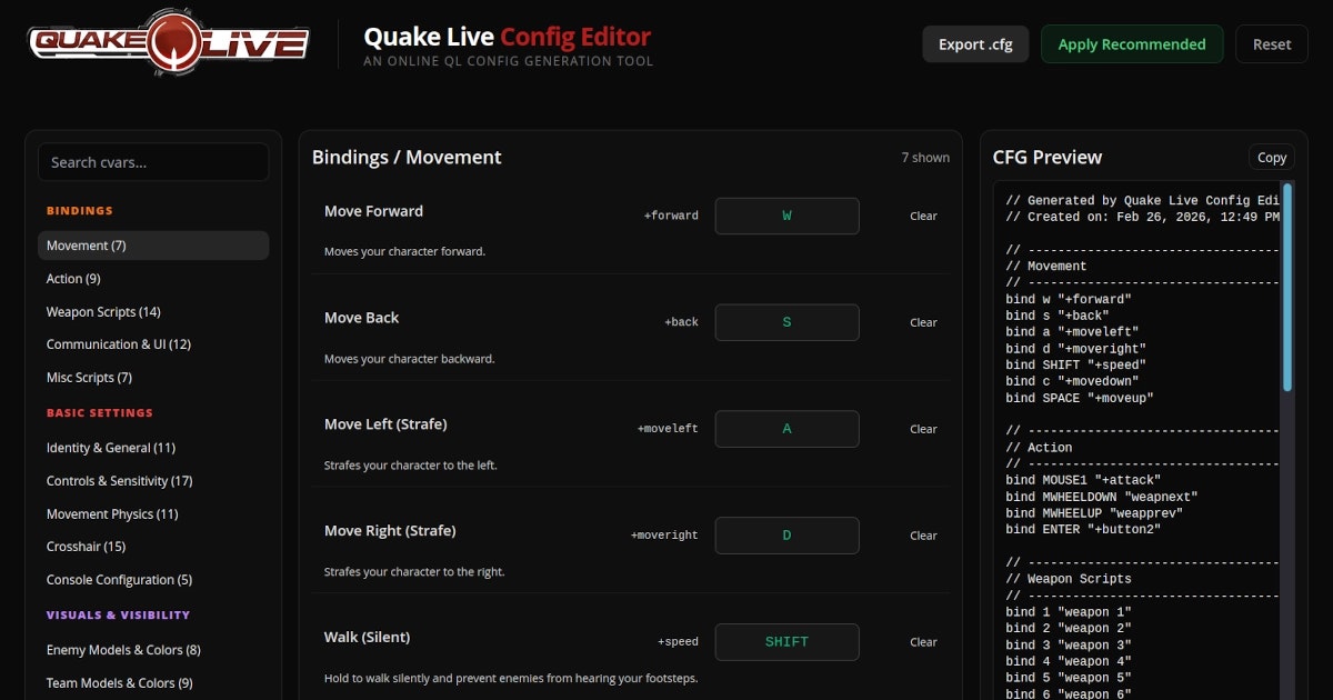 Online Quake Live Config Editor - Main product screenshot demonstrating key features and user interface