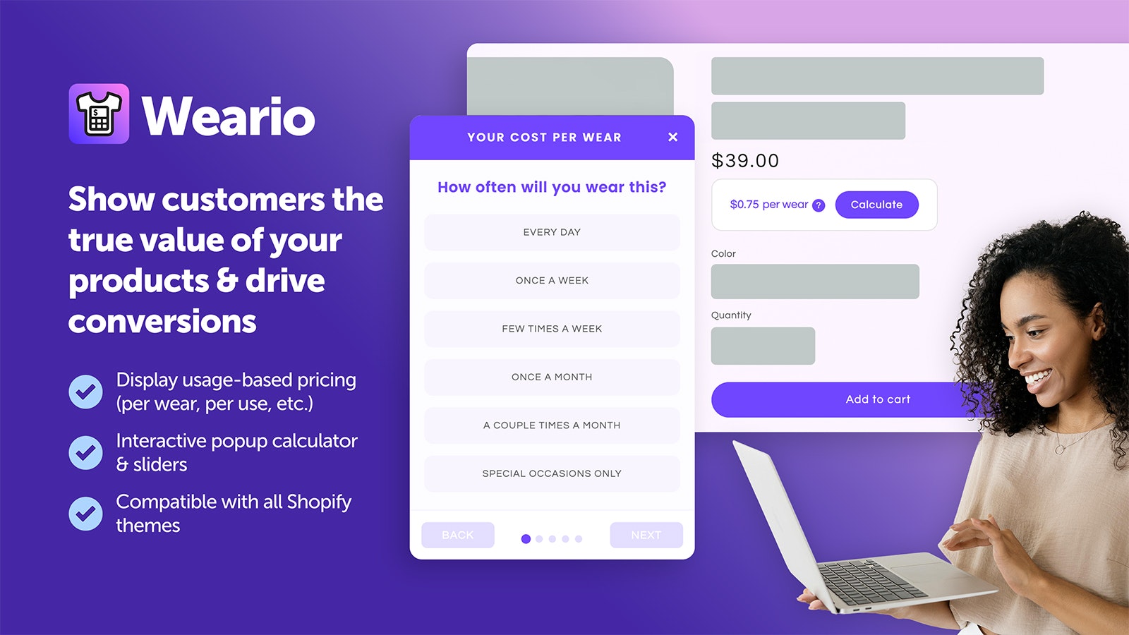 Mídia 1 de Weario - Preço por desgaste - Torne os preços acessíveis com 'Girl Math' para as marcas Shopify