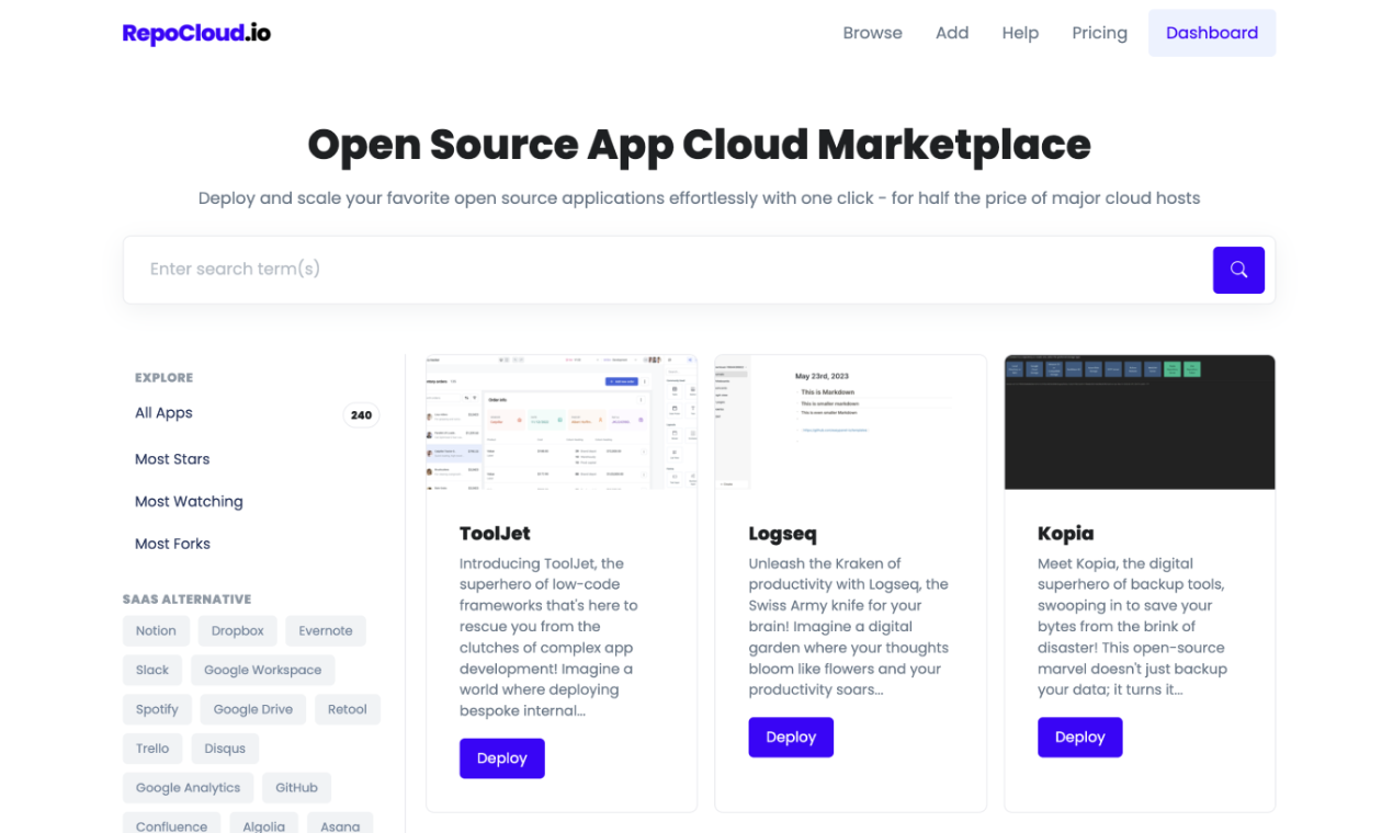 Repocloud.io Open Source App Marketplace - 200+ implementaties met één klik. 50% besparingen. Gratis proefcredits. media 3