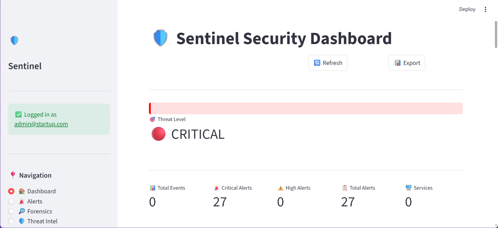 Sentinel Security Platform - Main product screenshot demonstrating key features and user interface