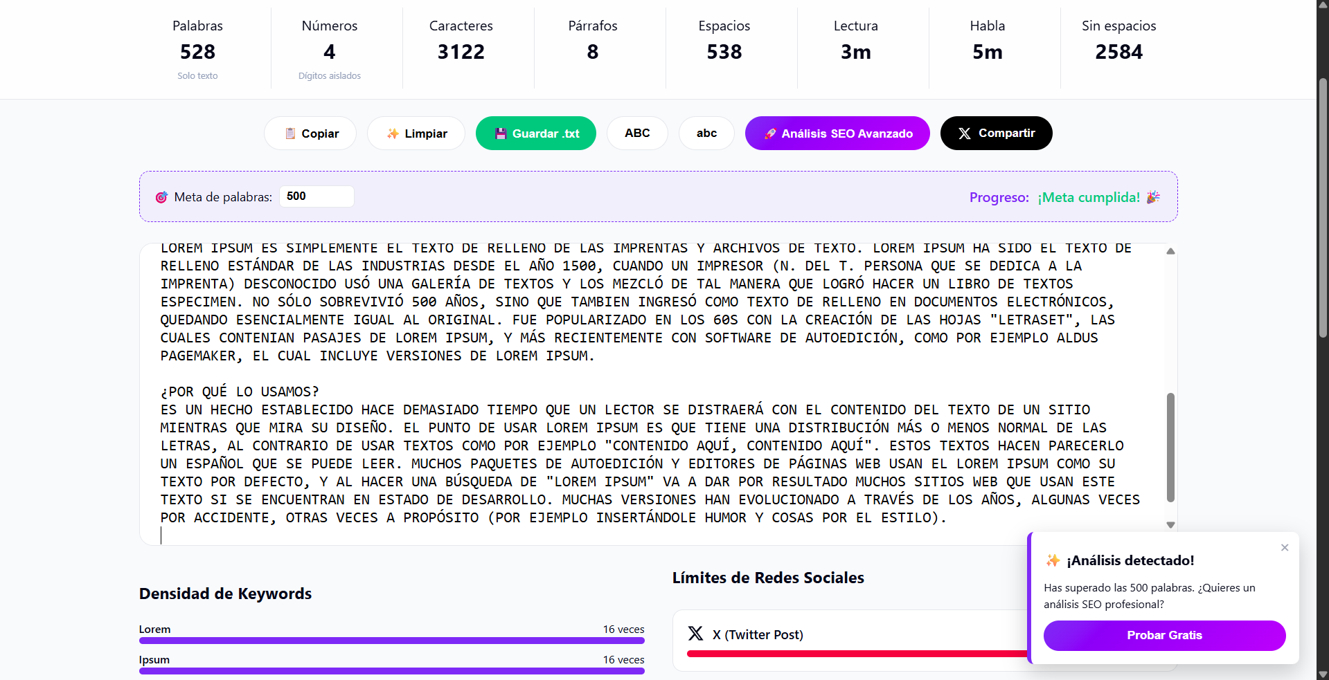 Contador de Palabras Pro - Main product screenshot demonstrating key features and user interface