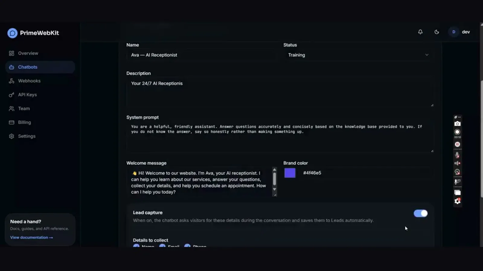Prime Webkit AI Chatbot screenshot 1 (video preview)