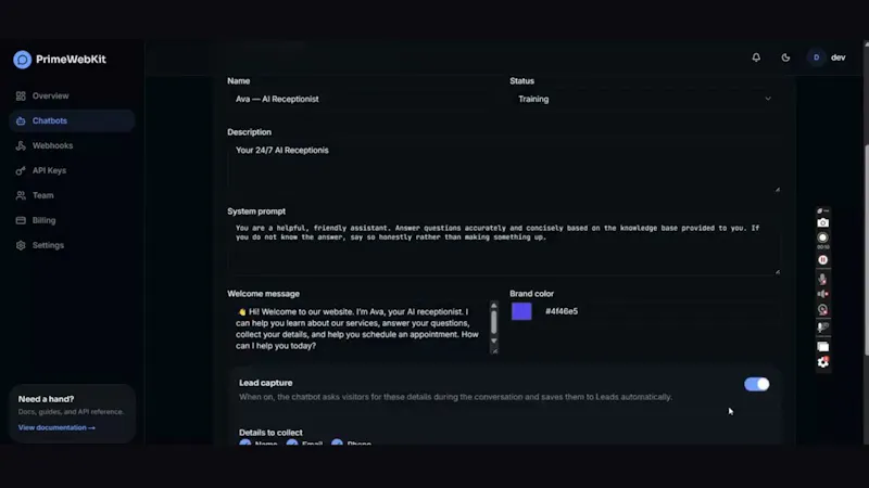 Prime Webkit AI Chatbot screenshot 1 (video preview)