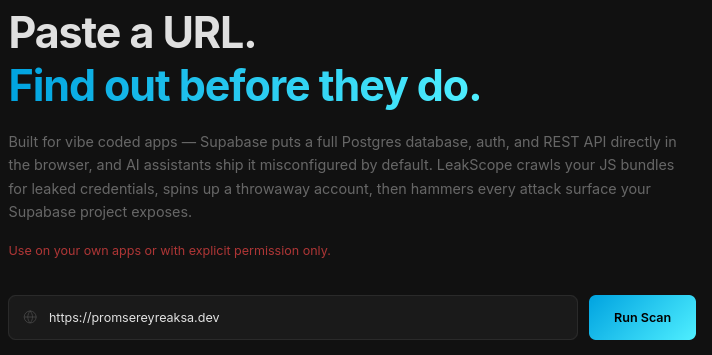 LeakScope — Supabase Security Auditor - Main product screenshot demonstrating key features and user interface