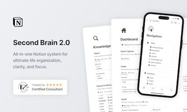 Uma imagem do versátil modelo de template Notion Second Brain 2.0, oferecendo um sistema abrangente para facilitar o gerenciamento da sua vida.