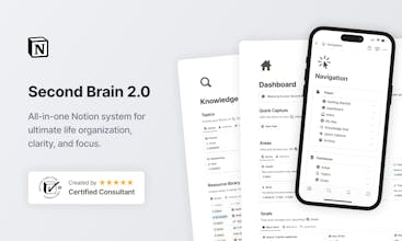 Ein Bild der vielseitigen Second Brain 2.0 Notion-Vorlage, die ein umfassendes System bietet, um Ihr Leben mühelos zu optimieren.