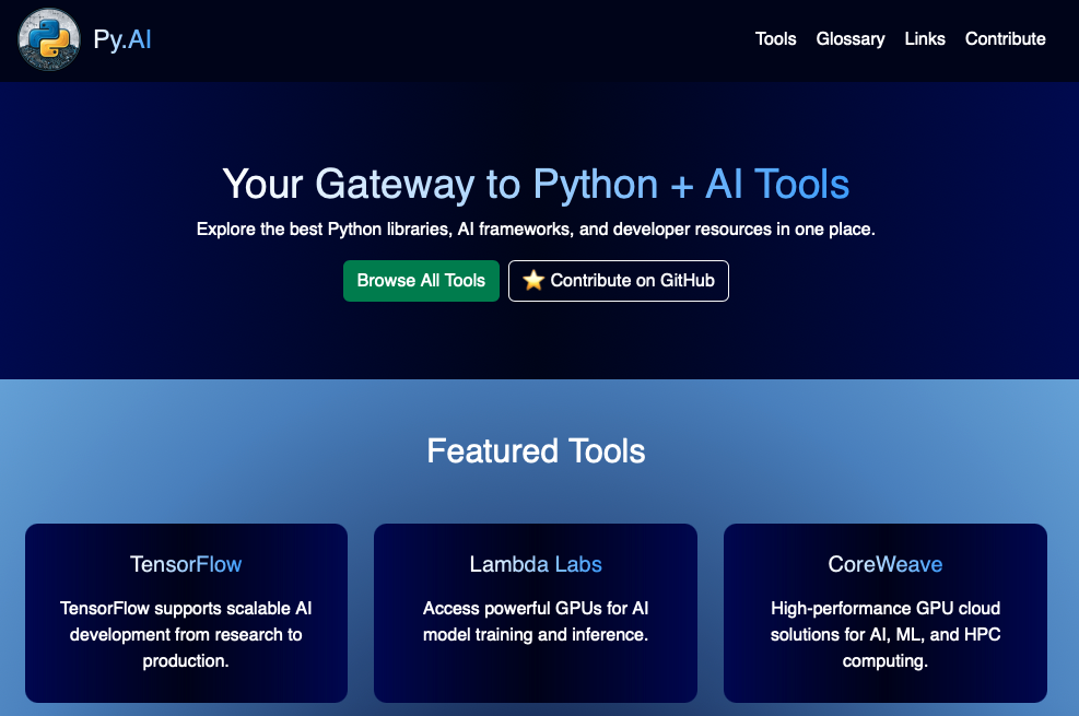 Py.AI – The Python + AI Directory - Main screenshot showing features and interface