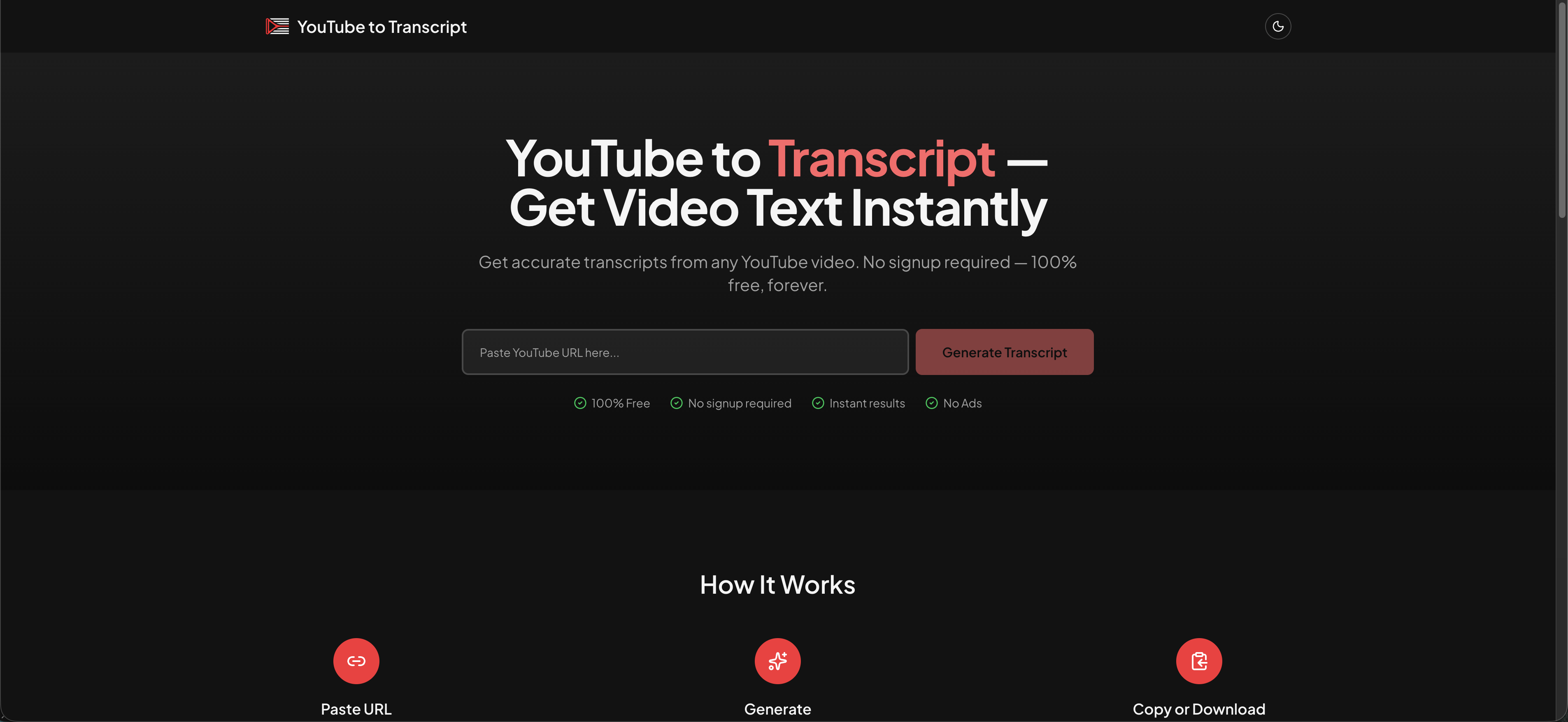 YouTube to Transcript - Main product screenshot demonstrating key features and user interface