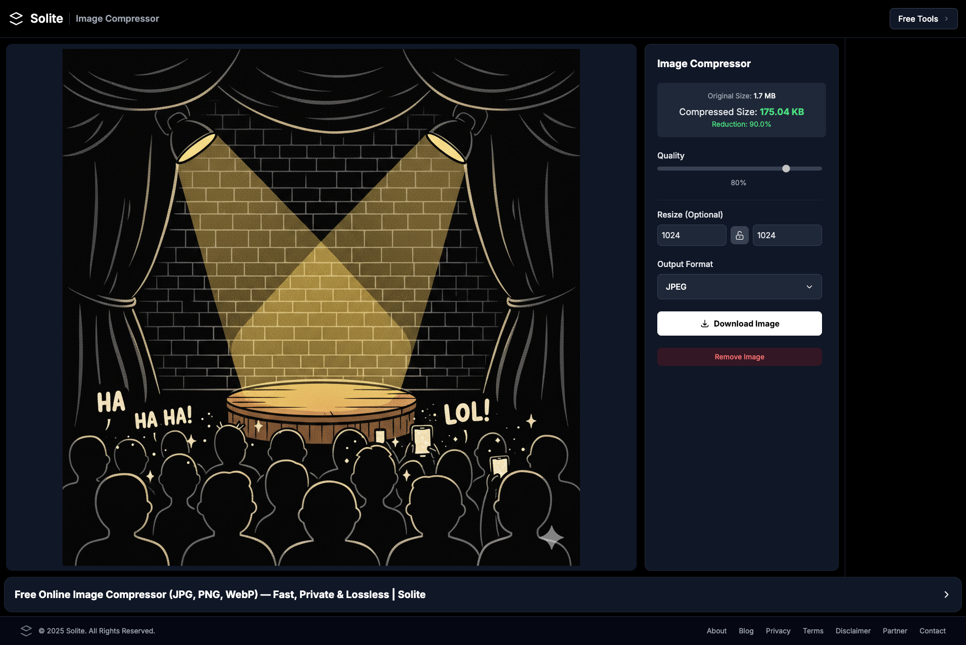 Solite — Free, Private Image Compressor - Main product screenshot demonstrating key features and user interface