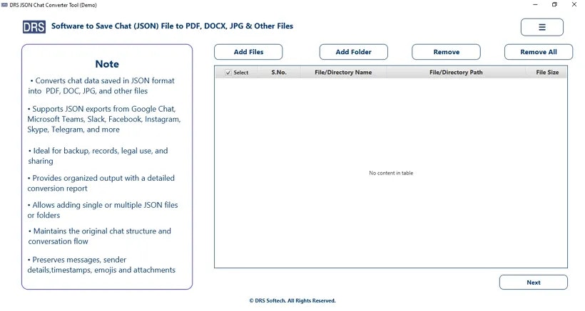 DRS Softech JSON Converter Tool  - Main product screenshot demonstrating key features and user interface