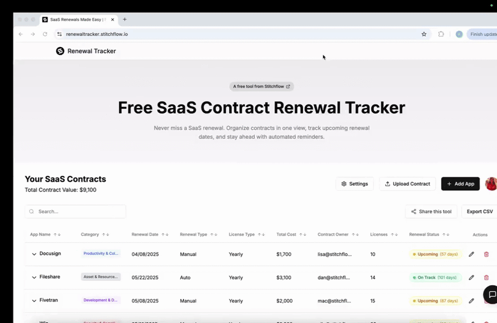 startuptile Renewal Tracker by Stitchflow-Organize SaaS contracts track renewals & get auto-reminders