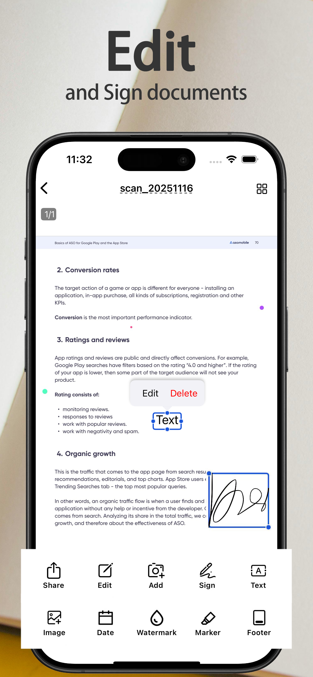 Photo Scanner – Scan, Edit & Manage PDFs - Main product screenshot demonstrating key features and user interface