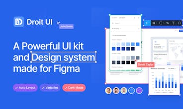 Uma imagem mostrando o sistema de design Droit UI no Figma, com uma variedade de componentes de interface do usuário personalizáveis.