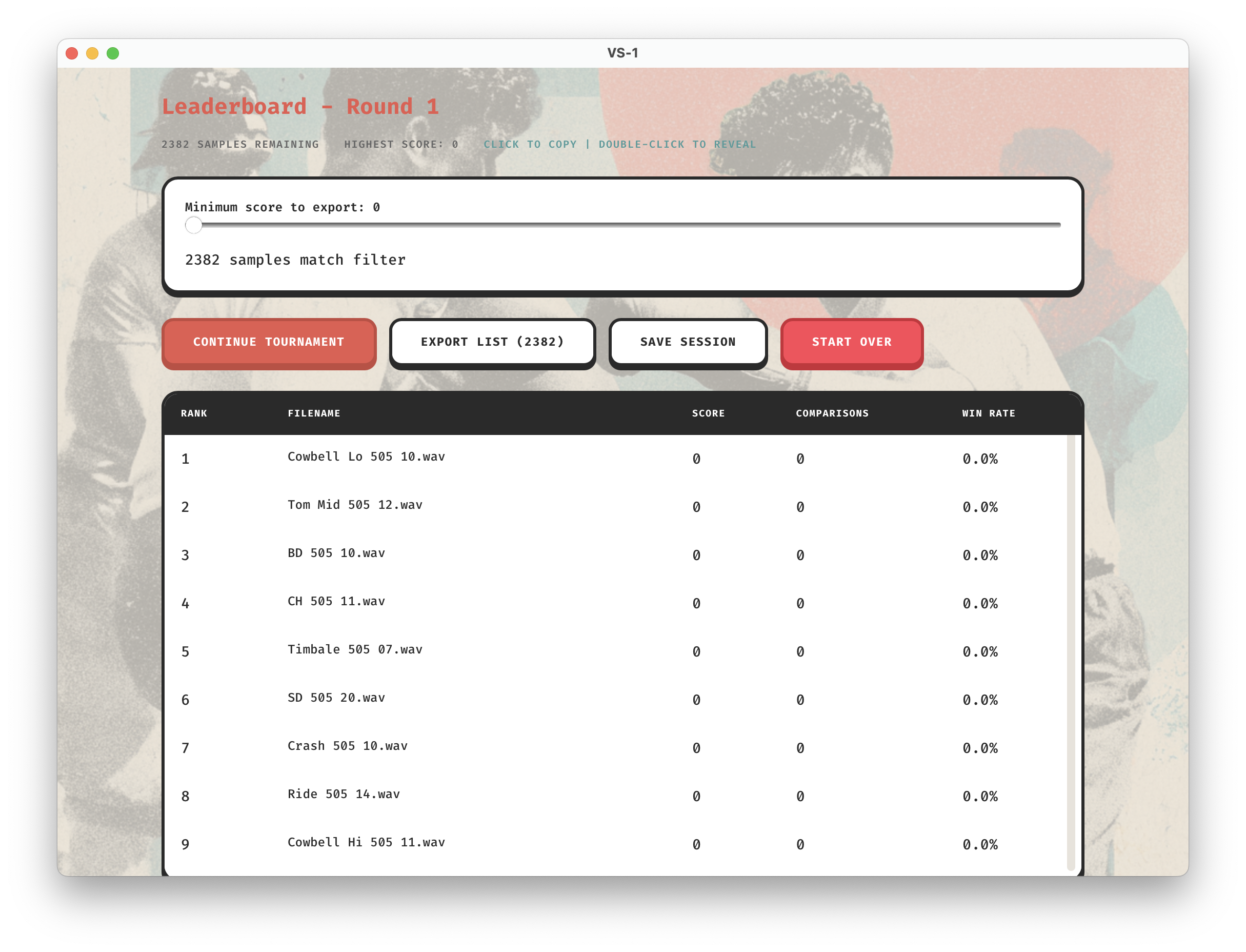 VS-1: FOSS audio sample tournament app - Screenshot 2 showing product features and functionality