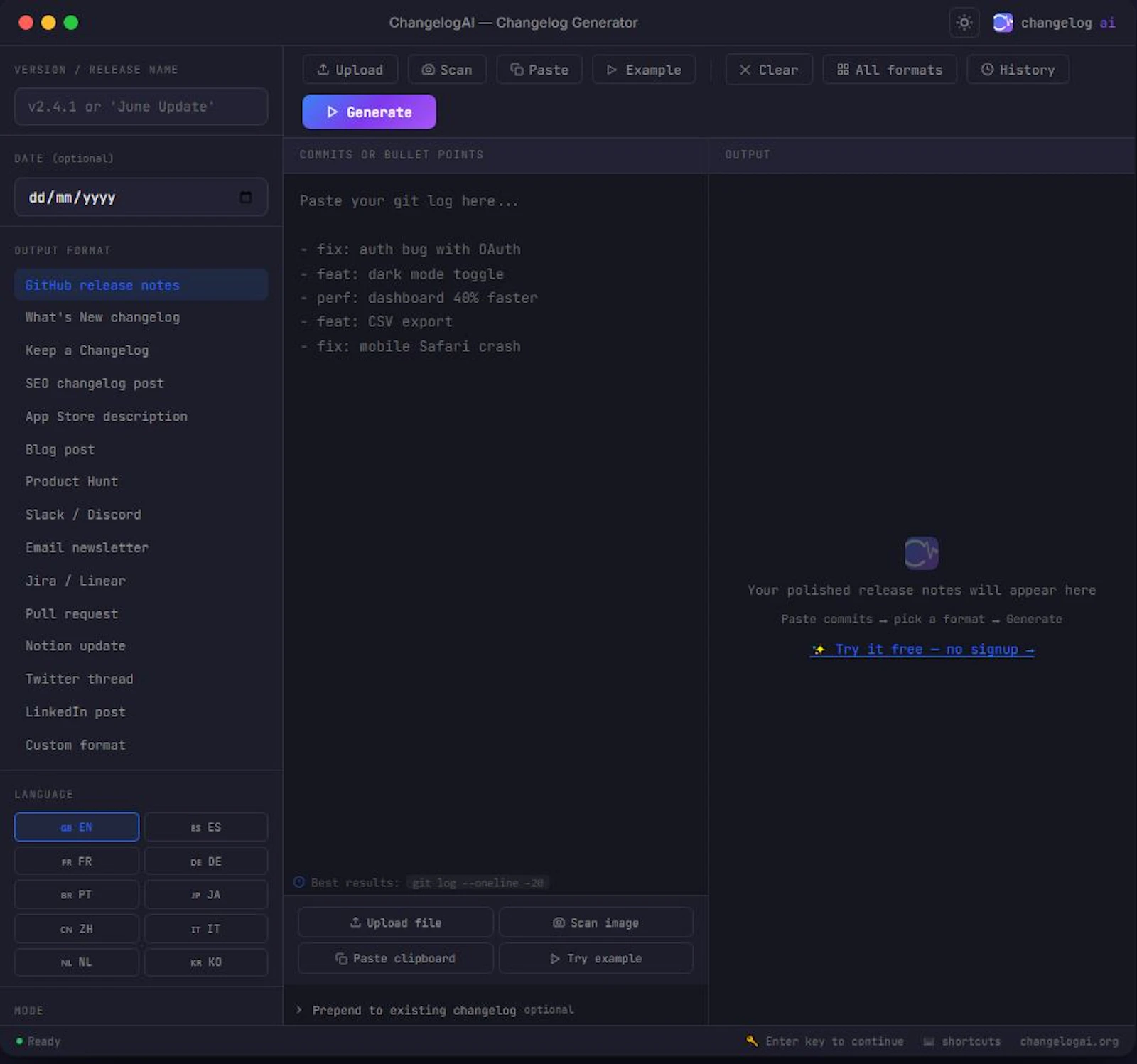ChangelogAI screenshot 1