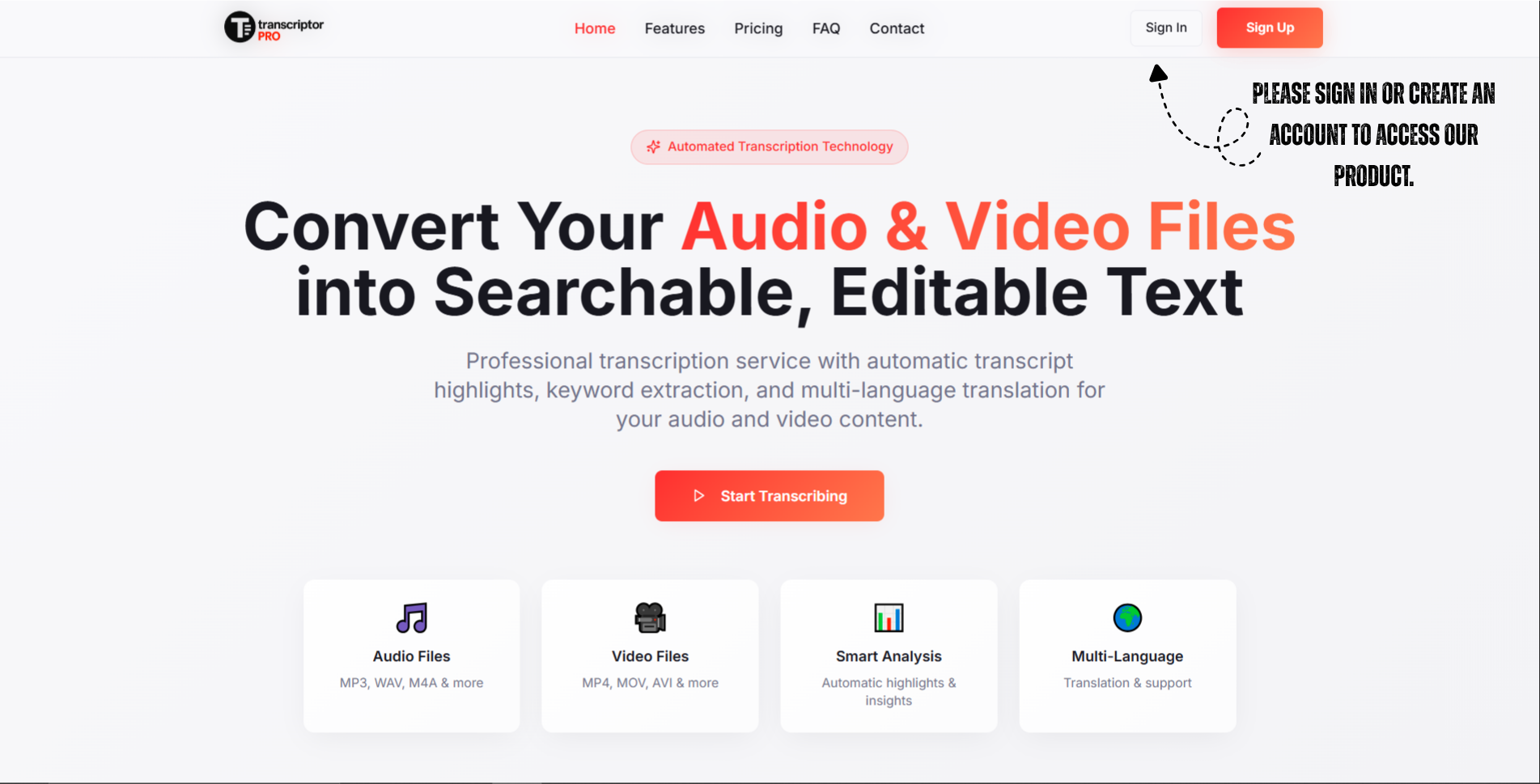 TranscriptorPro - Main screenshot showing features and interface
