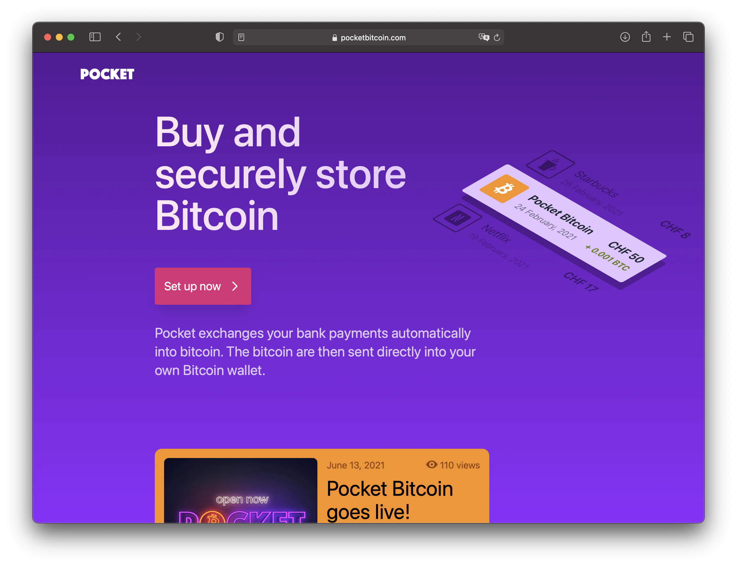 Pocket Bitcoin: Buy bitcoin directly into self-custody | Product Hunt