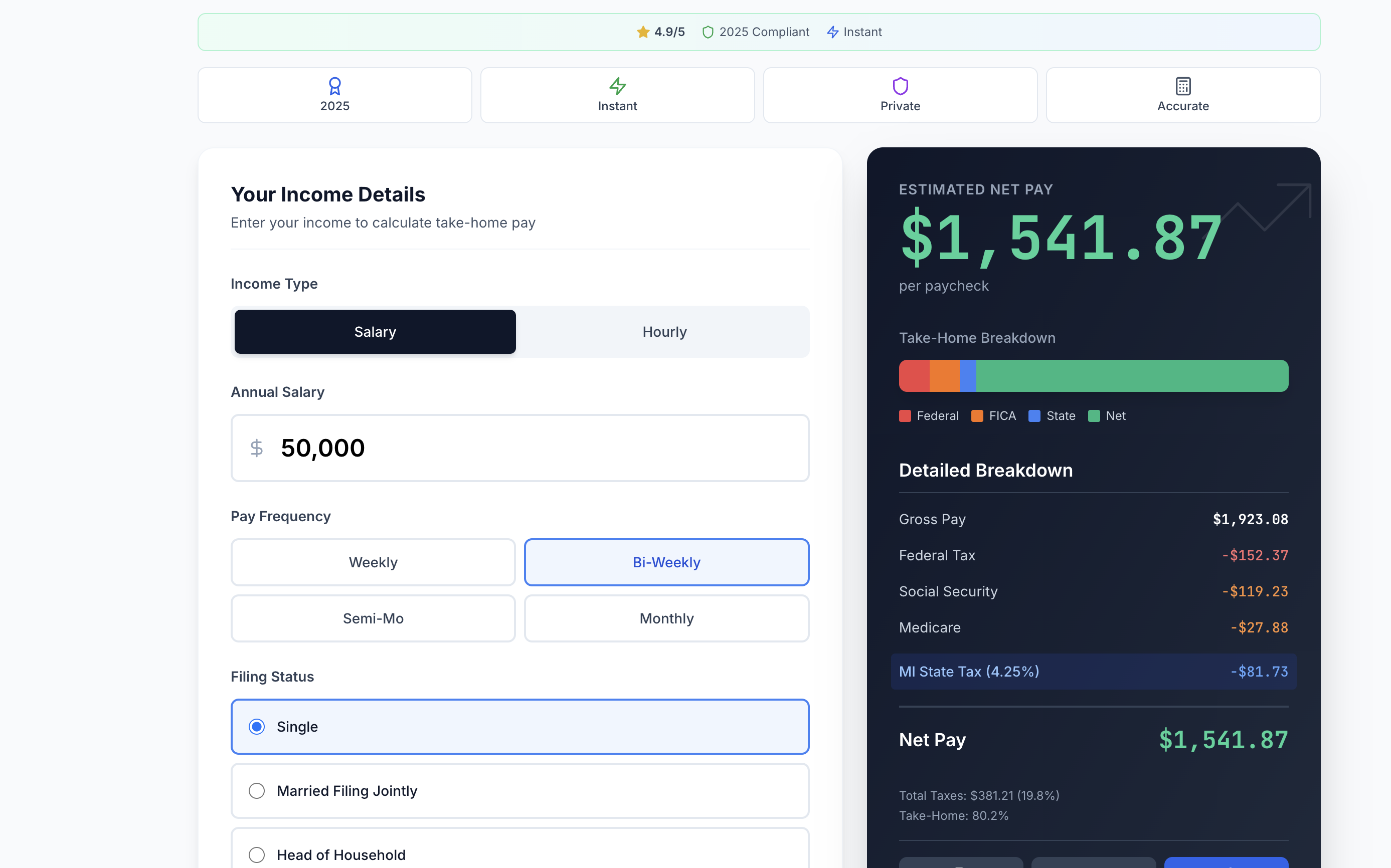 Michigan Paycheck Calculator - Main product screenshot demonstrating key features and user interface