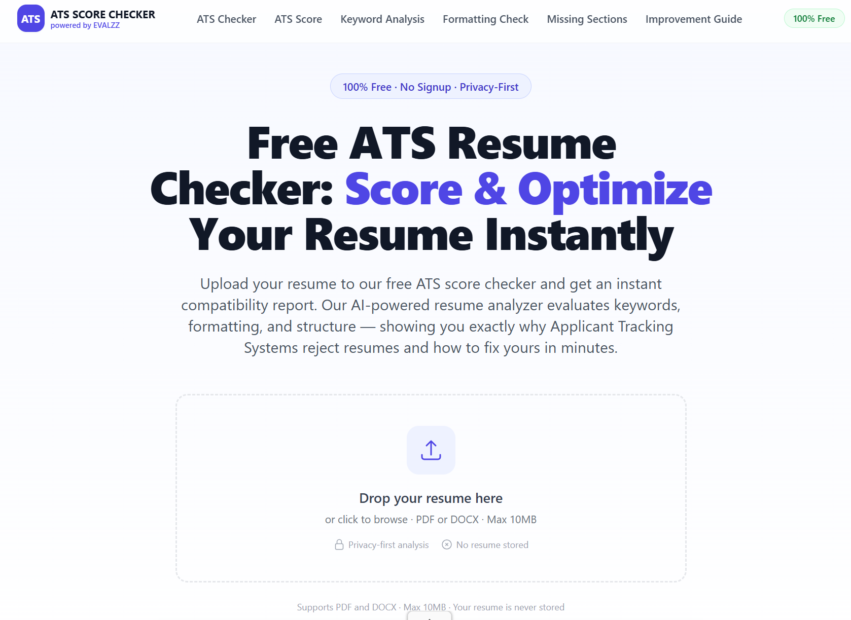 EVALZZ ATS Score Checker - Main product screenshot demonstrating key features and user interface