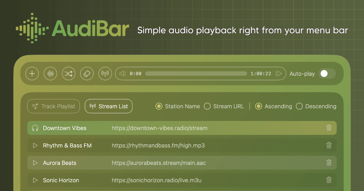 AudiBar - Main product screenshot demonstrating key features and user interface
