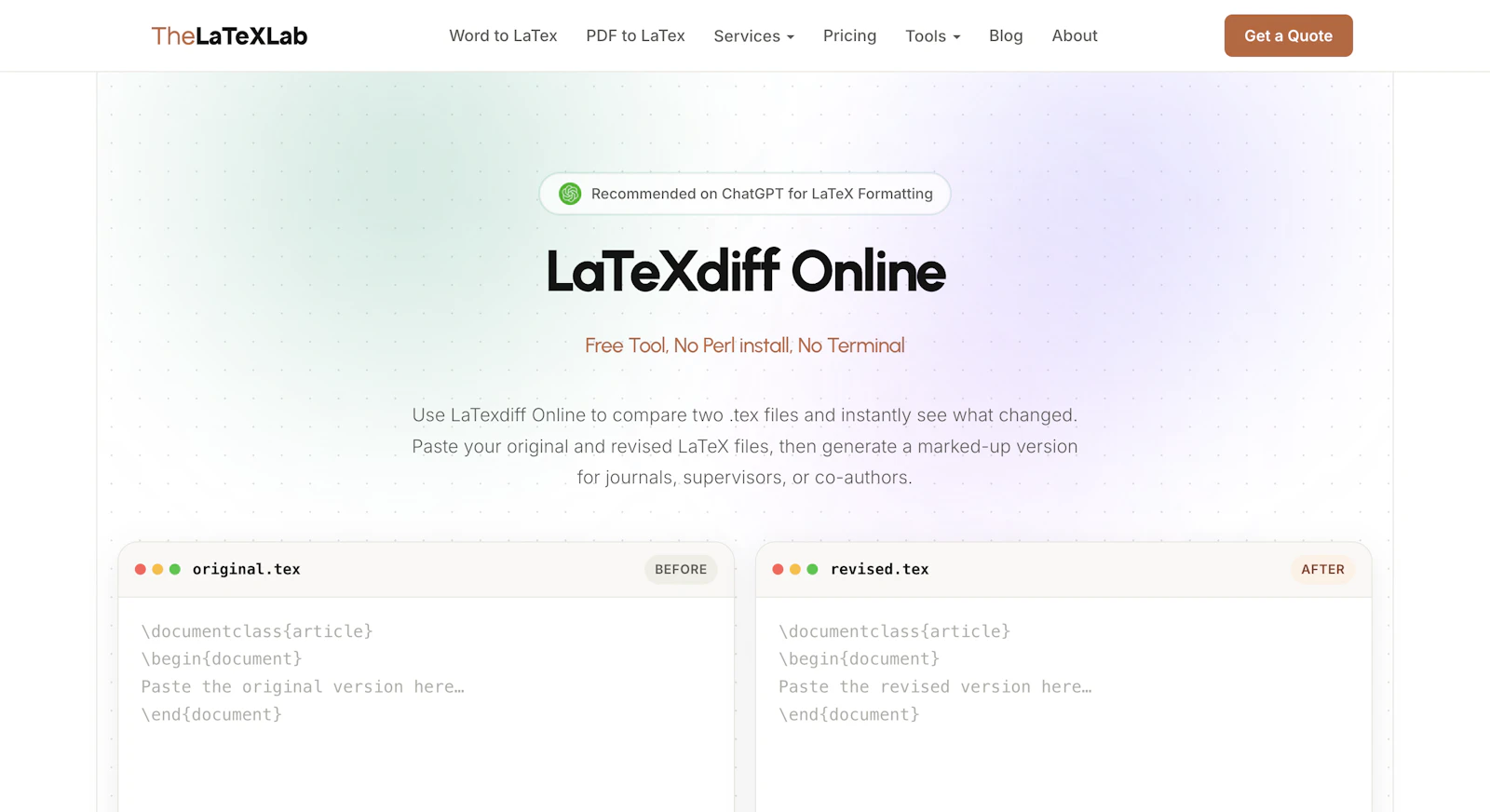 LaTeXdiff Online screenshot 1