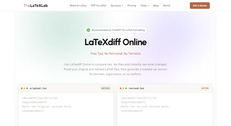LaTeXdiff Online screenshot 1