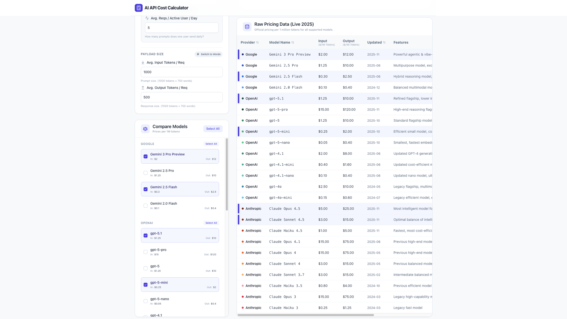 AI API Cost Calculator - Screenshot 3 showing product features and functionality