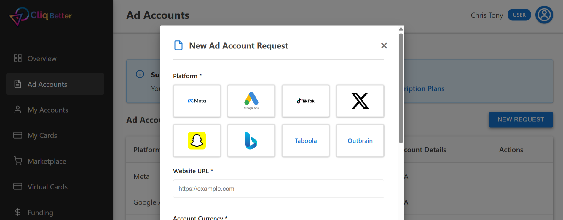 CliqBetter Ad Account Platform - Screenshot 3 showing product features and functionality