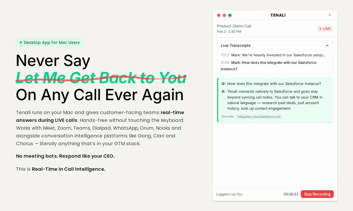 Tenali AI Real Time In-Call Intelligence