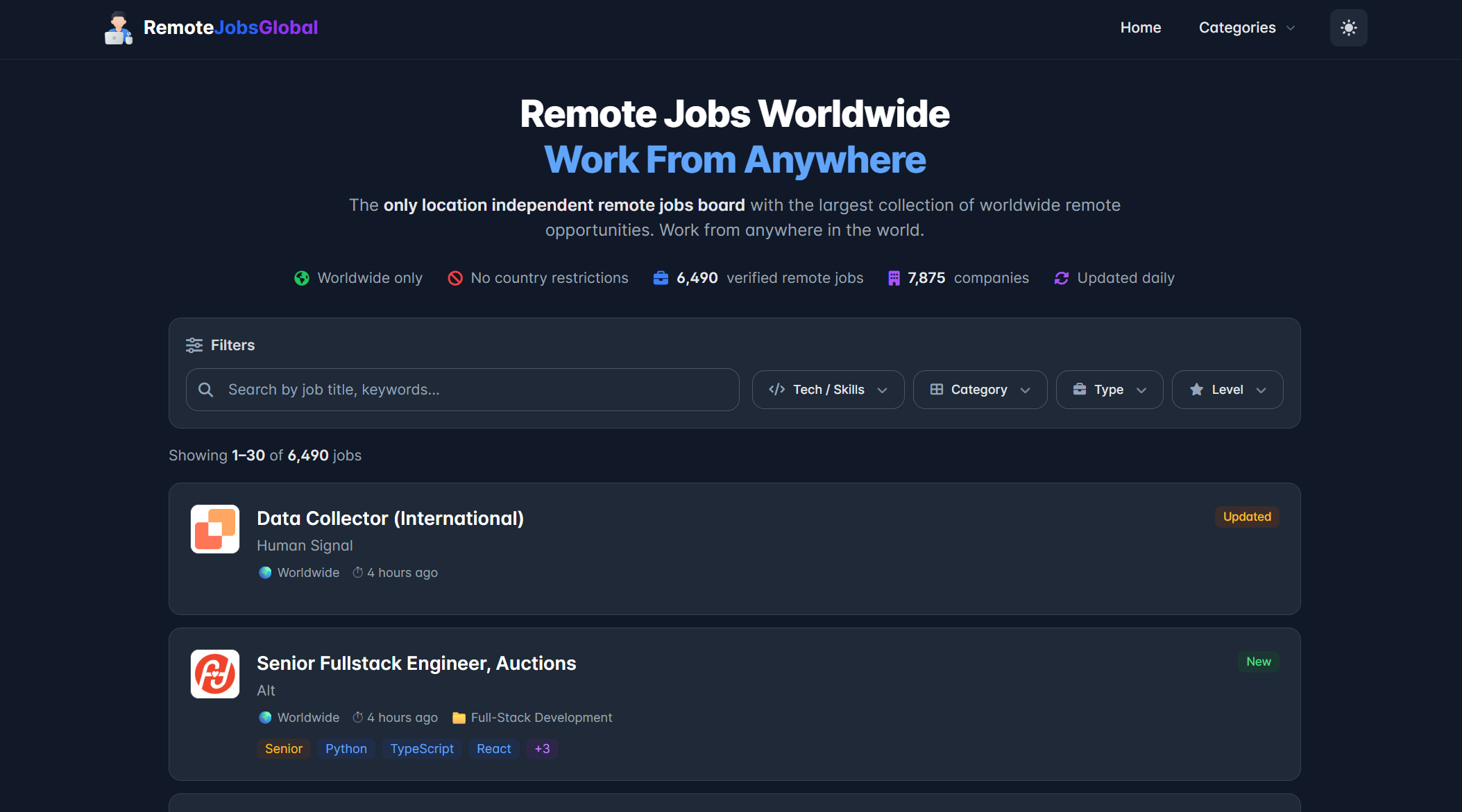 RemoteJobsGlobal - Main product screenshot demonstrating key features and user interface