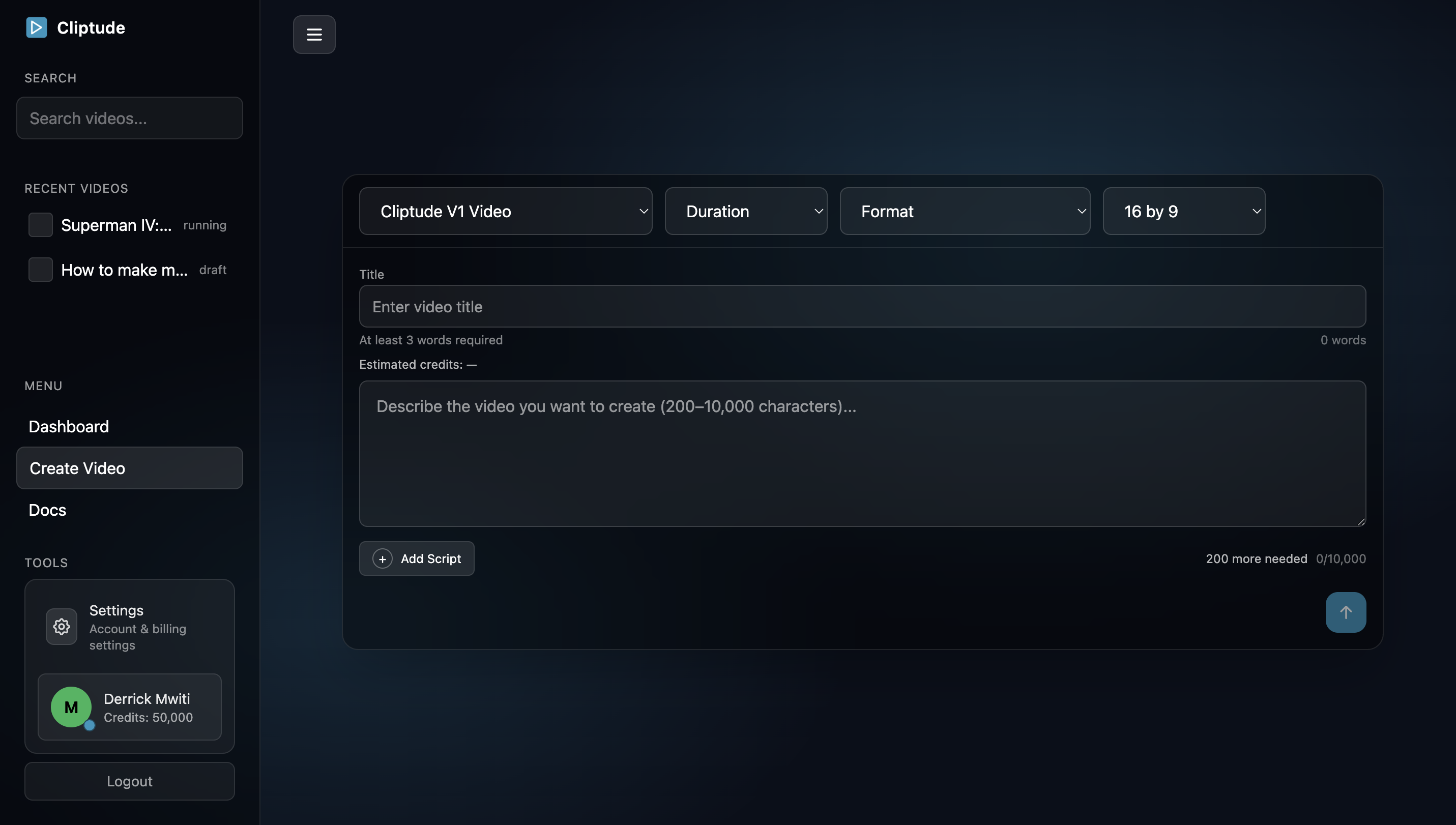 Cliptude - Turn Ideas Into Video Essays - Screenshot 2 showing product features and functionality