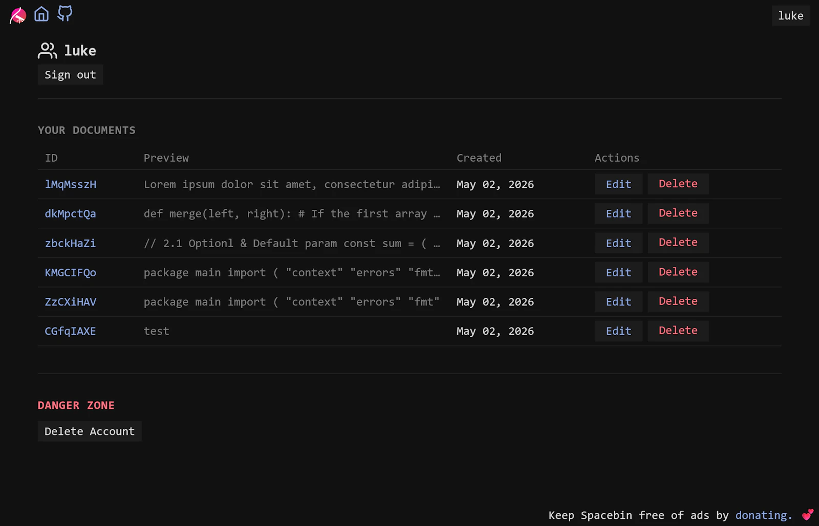 Spacebin screenshot 2