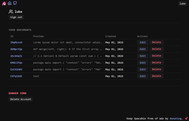 Spacebin screenshot 2