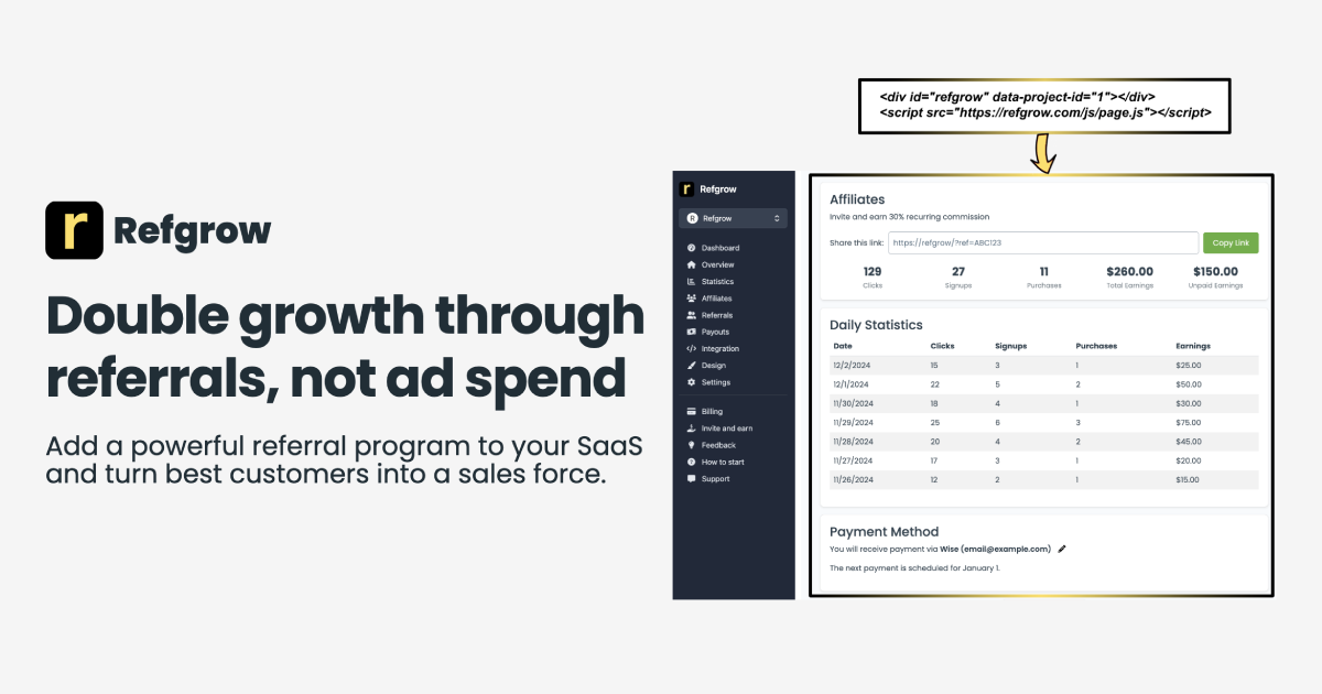 startuptile Refgrow-Add referrals to your SaaS in minutes