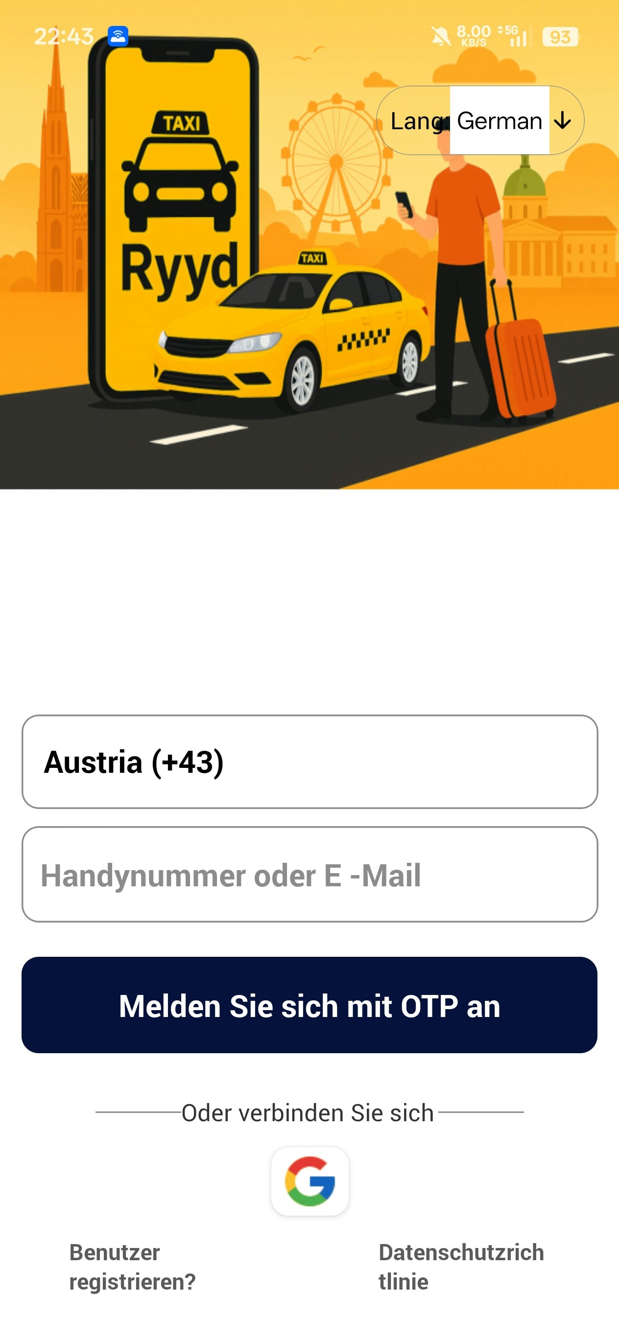 Ryyd - Taxi App in Vienna Austria - Main product screenshot demonstrating key features and user interface