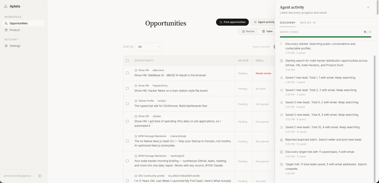 Aptets: outreach for vibe-coded projects screenshot 5