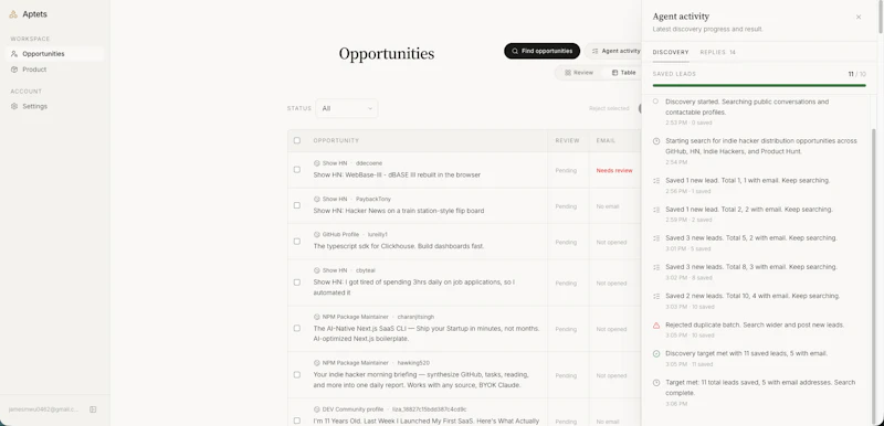 Aptets: outreach for vibe-coded projects screenshot 5