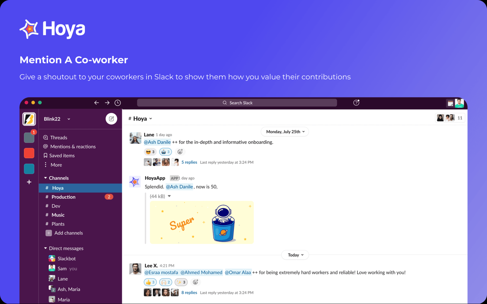 Hoya - Slack için Ücretsiz Takım Tanıma - Ekibinizi motive etmek için eğlenceli, basit tanıma gevşek bot medya 2