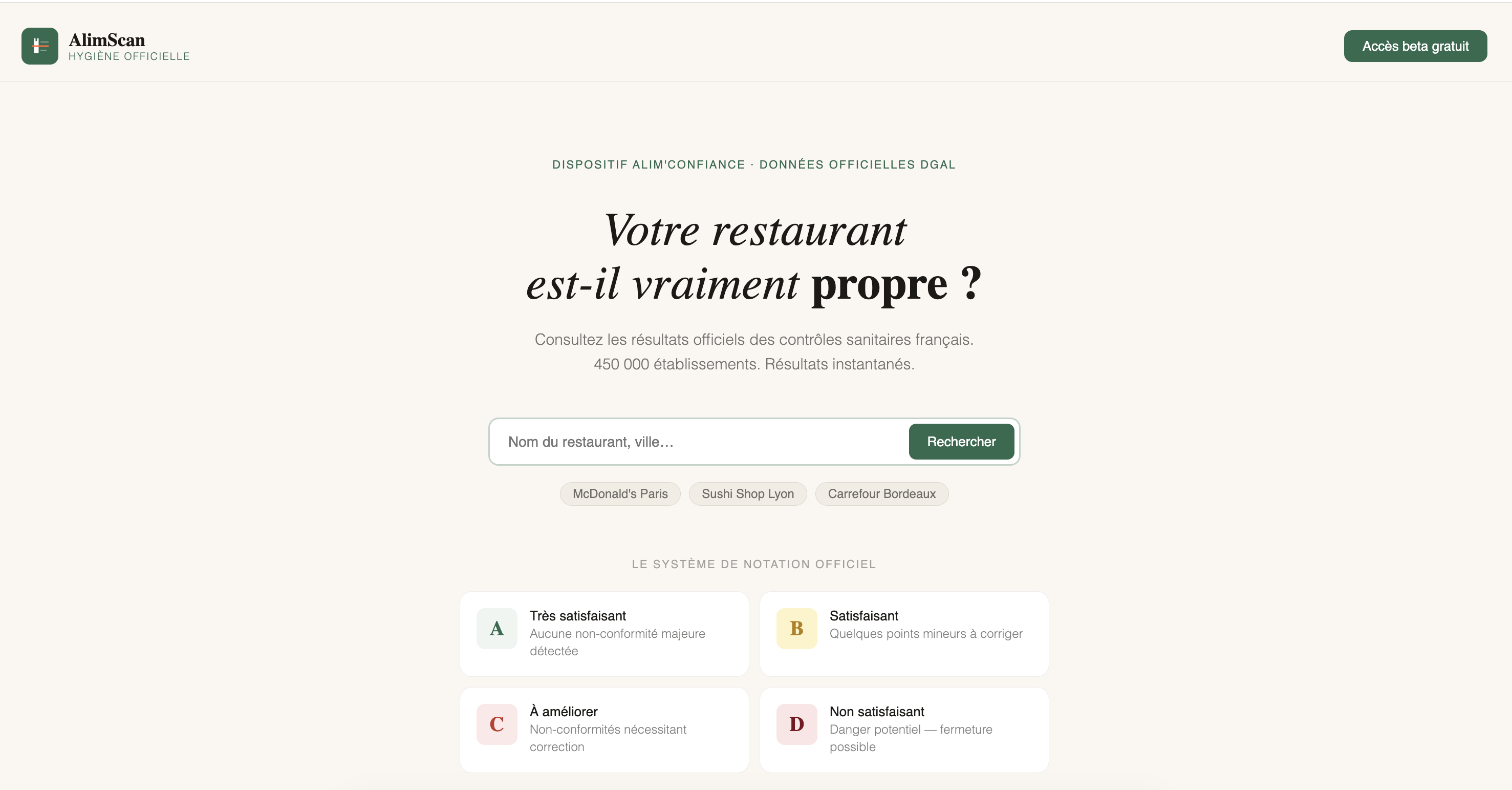 AlimScan — Hygiene ratings for France - Main product screenshot demonstrating key features and user interface