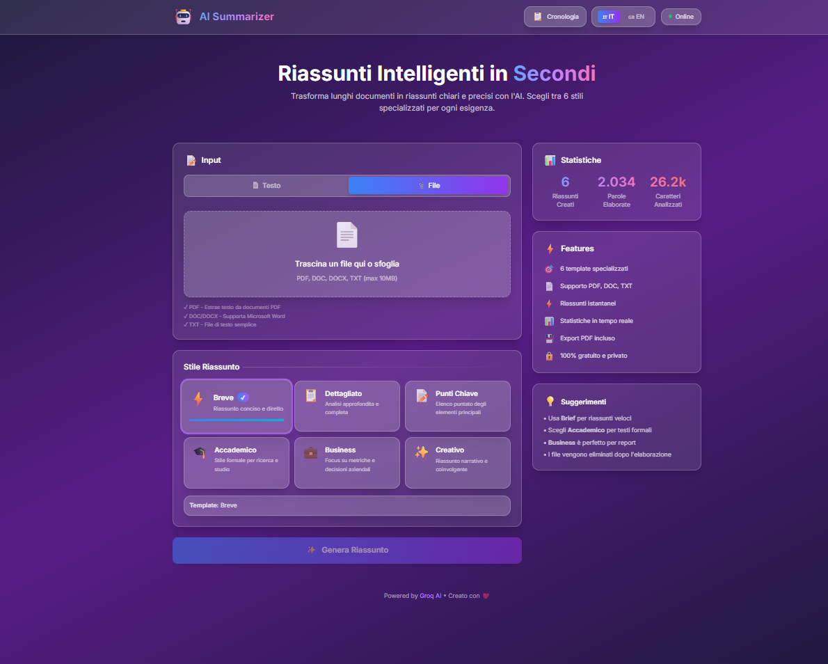 AI Summarizer - Main product screenshot demonstrating key features and user interface