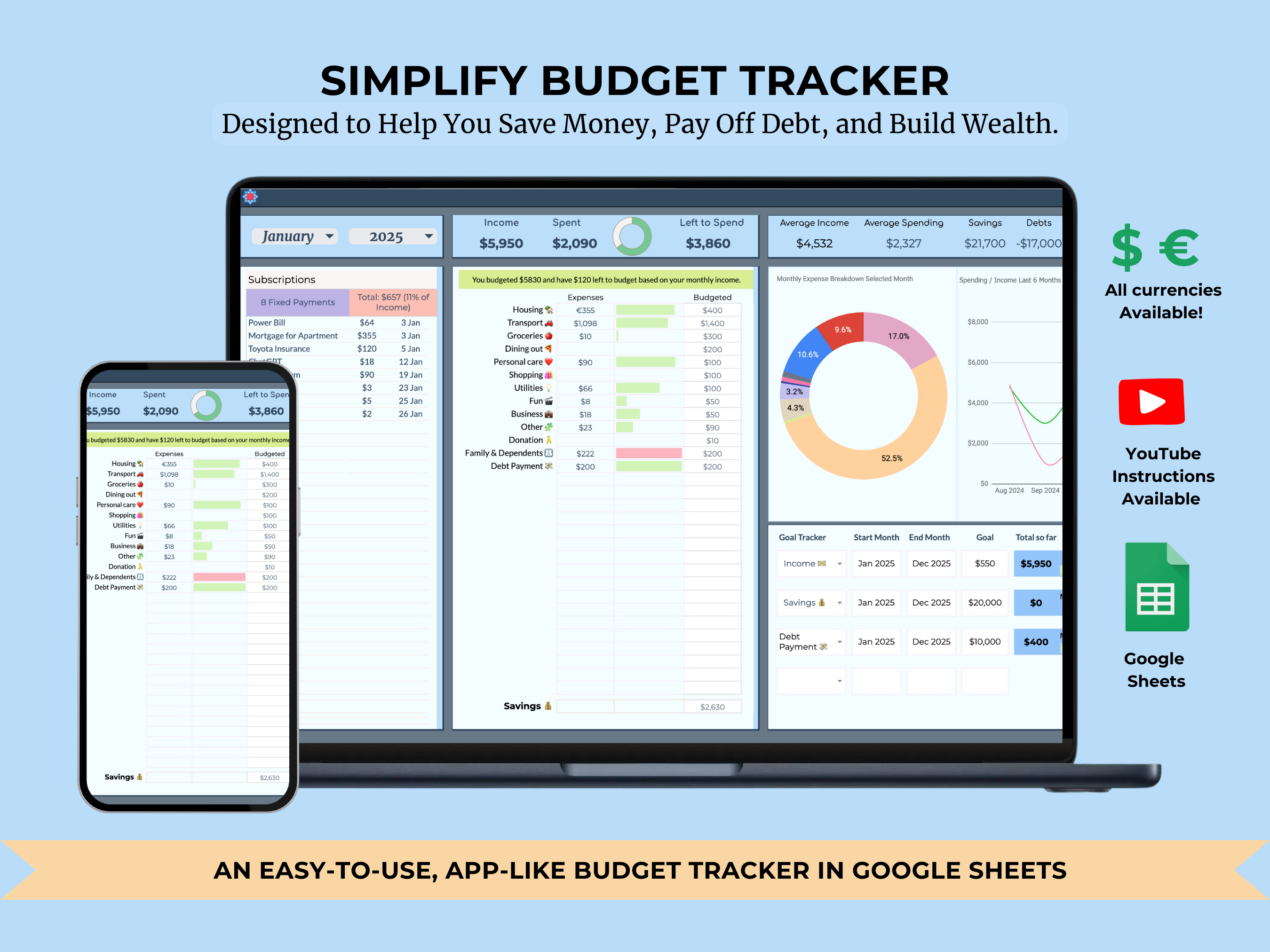 Упростить бюджетный трекер - Google Sheets Шаблон бюджета для личного и семейного использования медиа 1