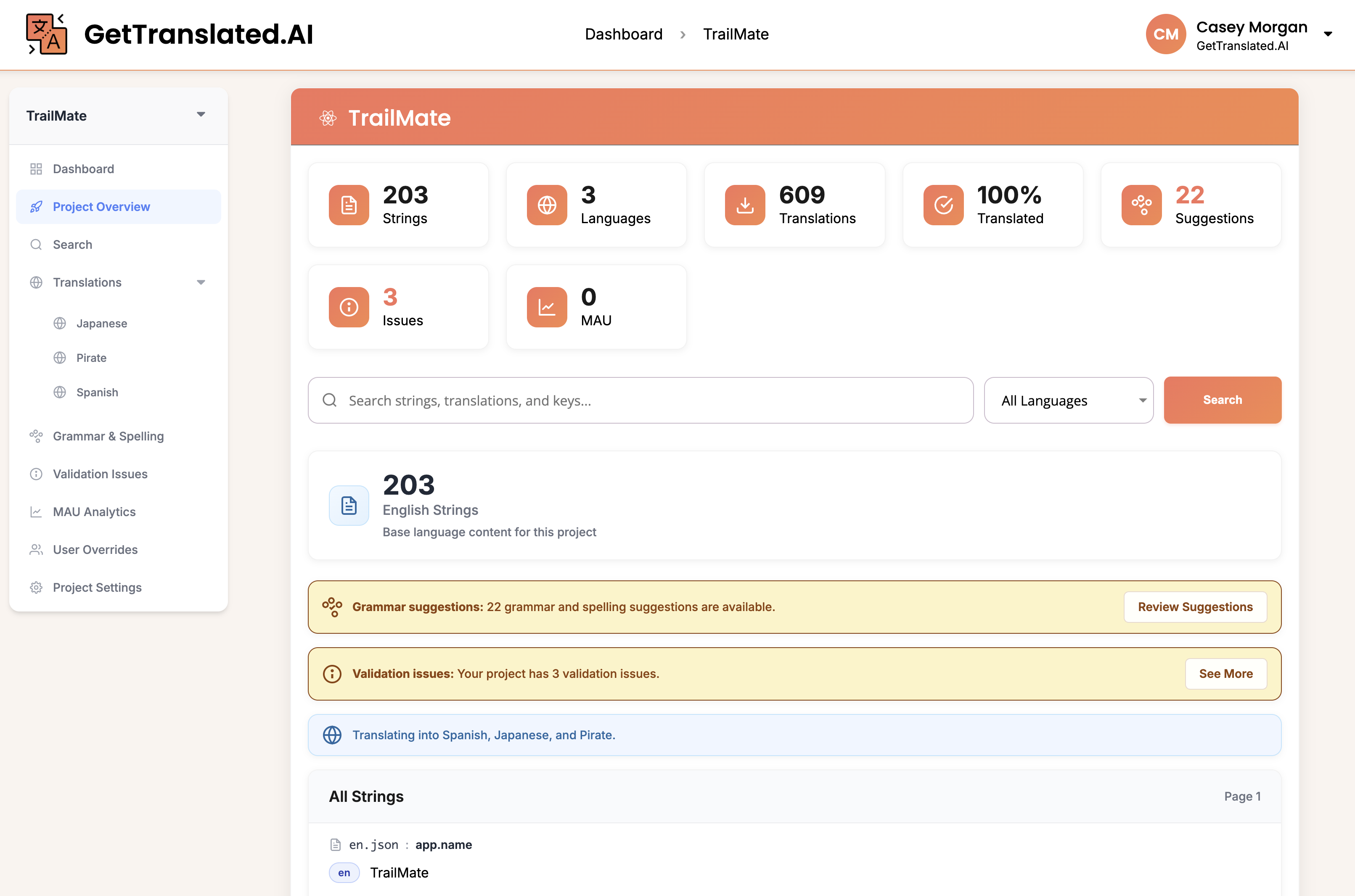 GetTranslated.AI - Main product screenshot demonstrating key features and user interface