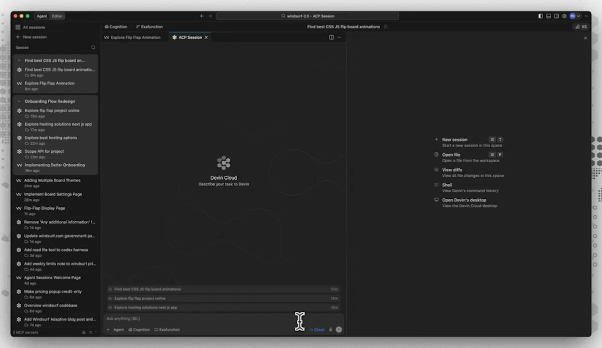 Windsurf 2.0 editor showing the session list sidebar and Devin Cloud agent panel